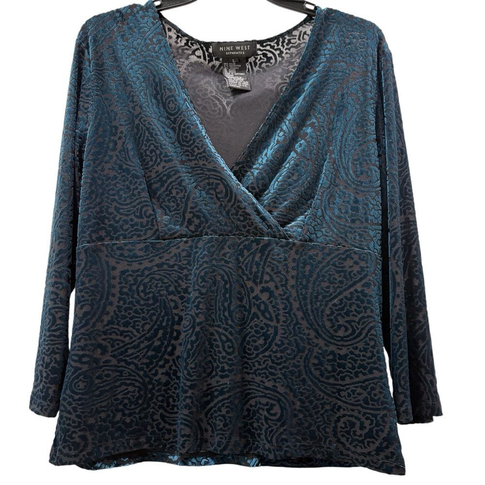 Nine West Turquoise Teal Velvet Burnout Babydoll Surplice Neck Top Size L Y2K